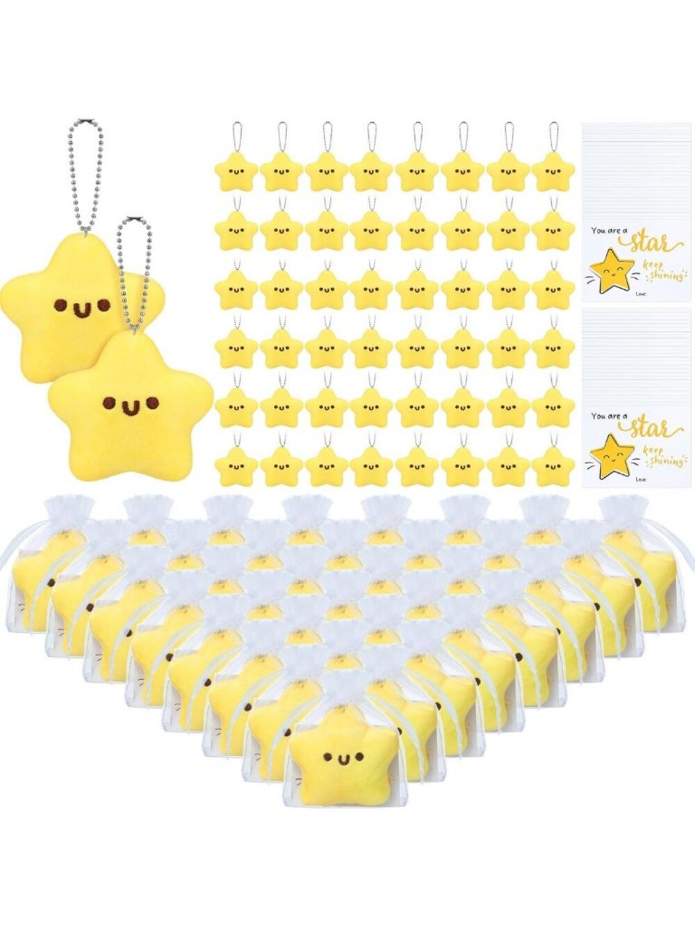 50 Sets Star Plush Keychains with Cards & Organza Bags - Cute Party Favors!